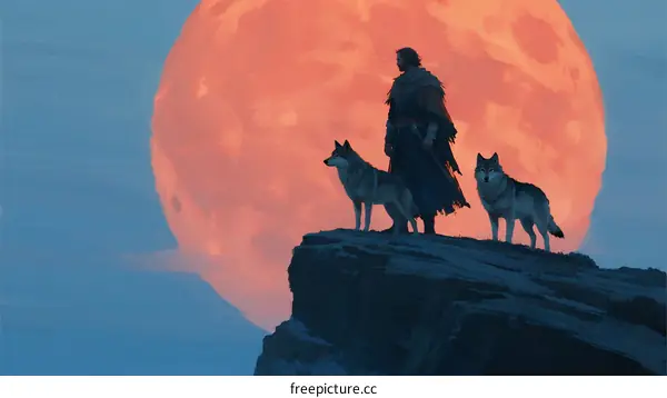 A lone figure stands on a cliff with two wolves under a full moon