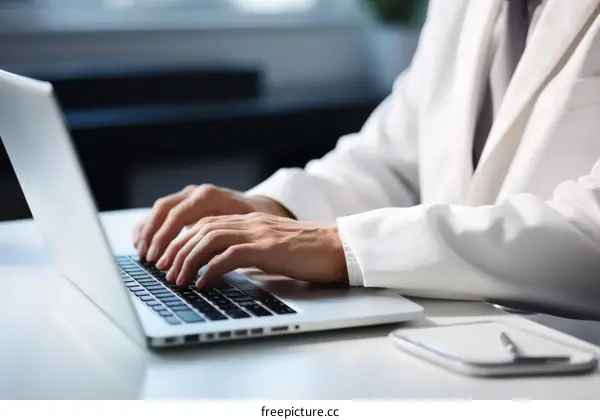 Doctor typing on laptop