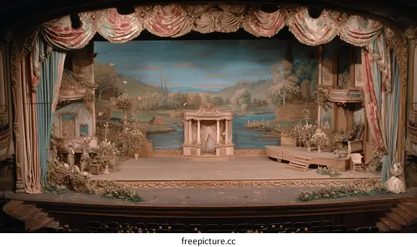 An empty theater stage with a painted backdrop