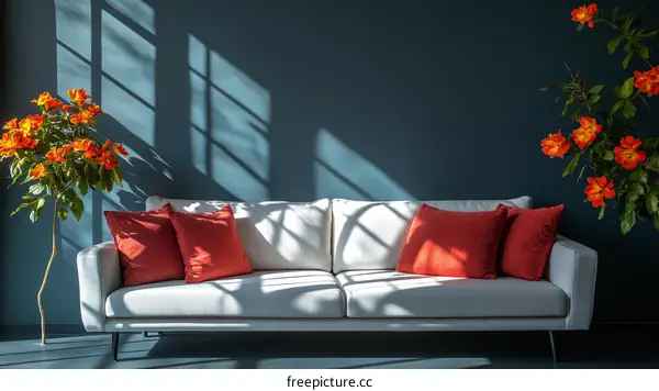 Modern Living Room with White Sofa and Orange Flowers