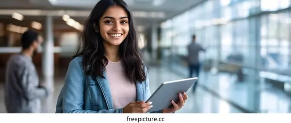 Smiling Woman Using Tablet in Modern Office Building