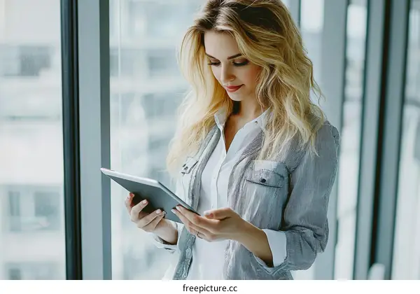 Young Woman Using Digital Tablet by Window