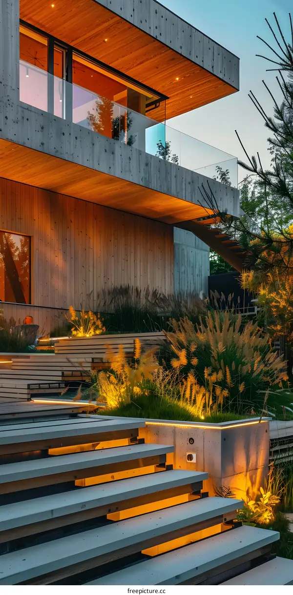 Modern Concrete House With Outdoor Lighting and Stairway