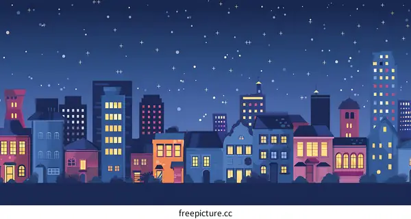 Night Cityscape with Stars and Buildings