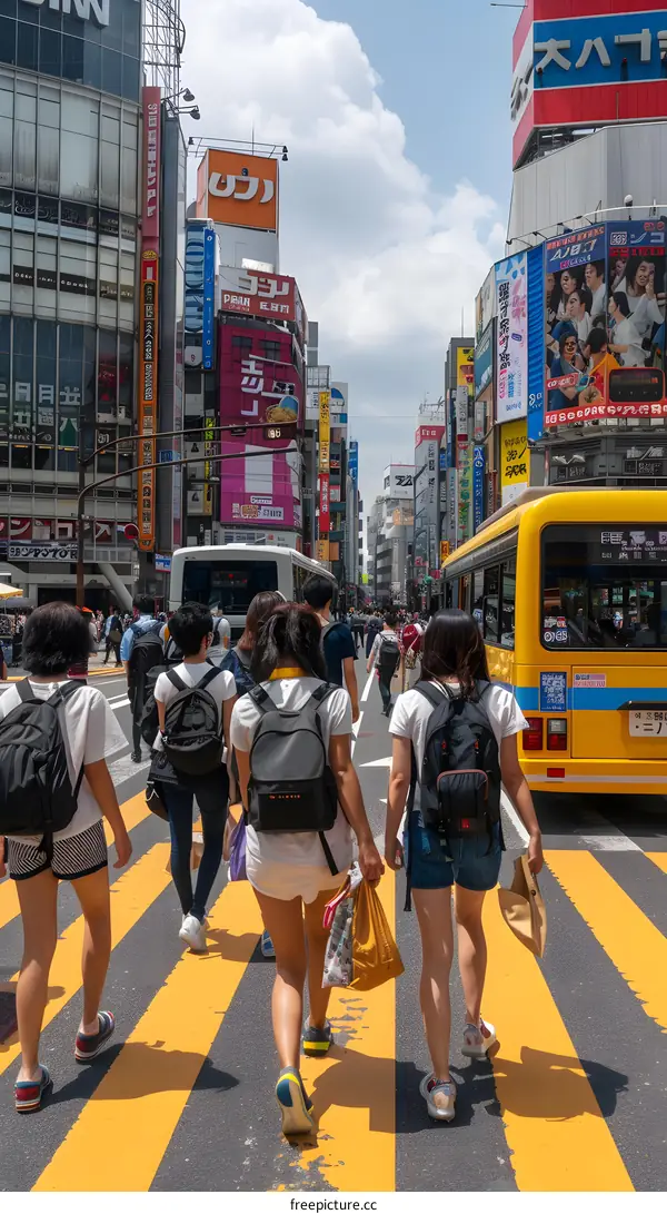 Busy Street in Tokyo Japan with People Crossing a Crosswalk