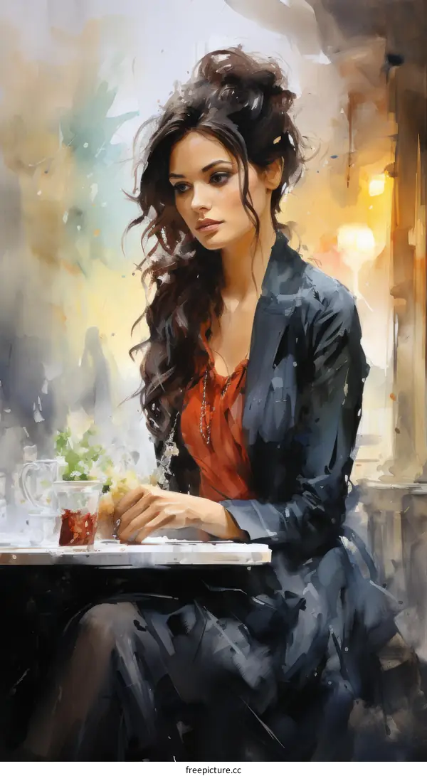 An illustration of a beautiful woman sitting at a table and drinking tea