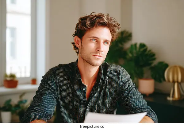Thoughtful Caucasian Man Concentrating on Documents