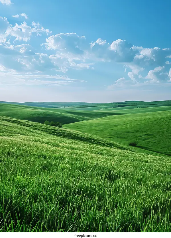 Green rolling hills of wheat field under blue sky and white clouds