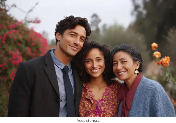 Three people standing together in a garden with colorful flowers around