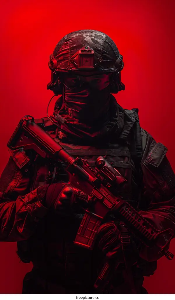 Special forces soldier in black uniform and mask holding a gun
