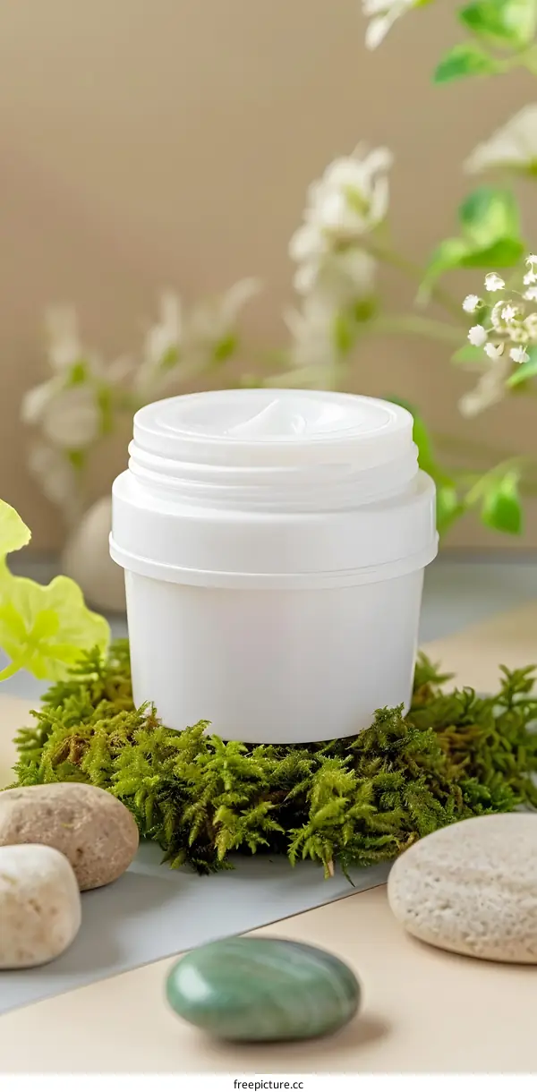 White Cream Jar on Green Moss with Stones