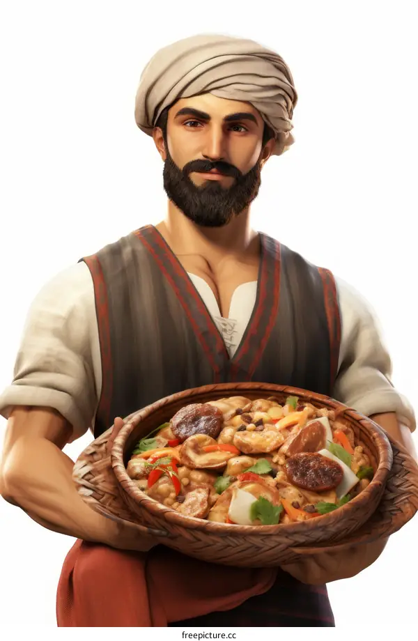 Middle Eastern man in traditional clothing holding a bowl of food