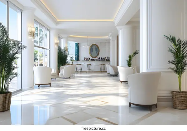 Luxury Hotel Lobby Interior Design With White Chairs and Marble Floor