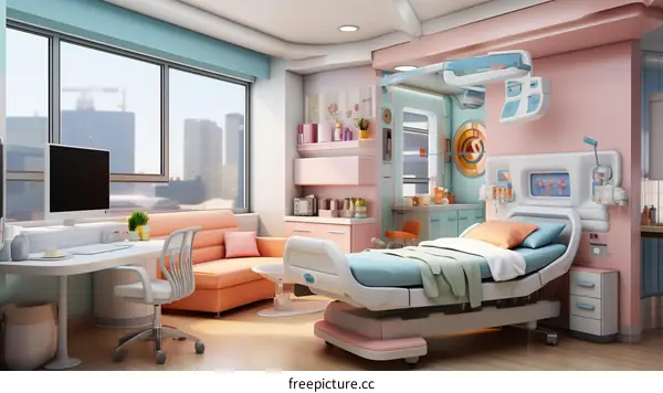 A modern hospital room with a bed, a sofa, and a computer