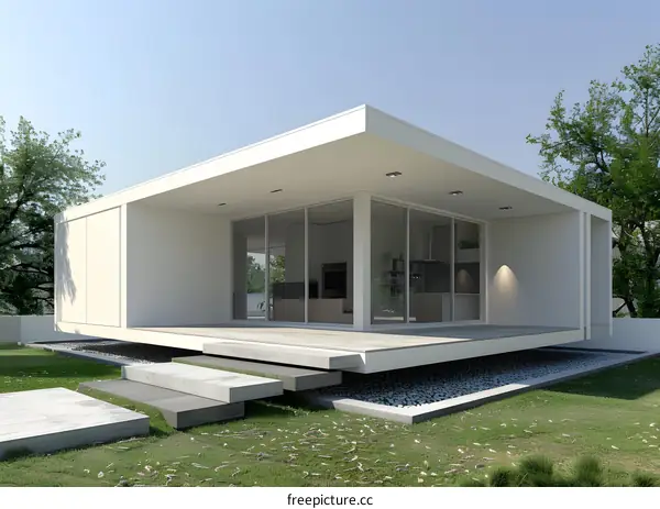 Modern White House with Concrete Steps and Large Windows