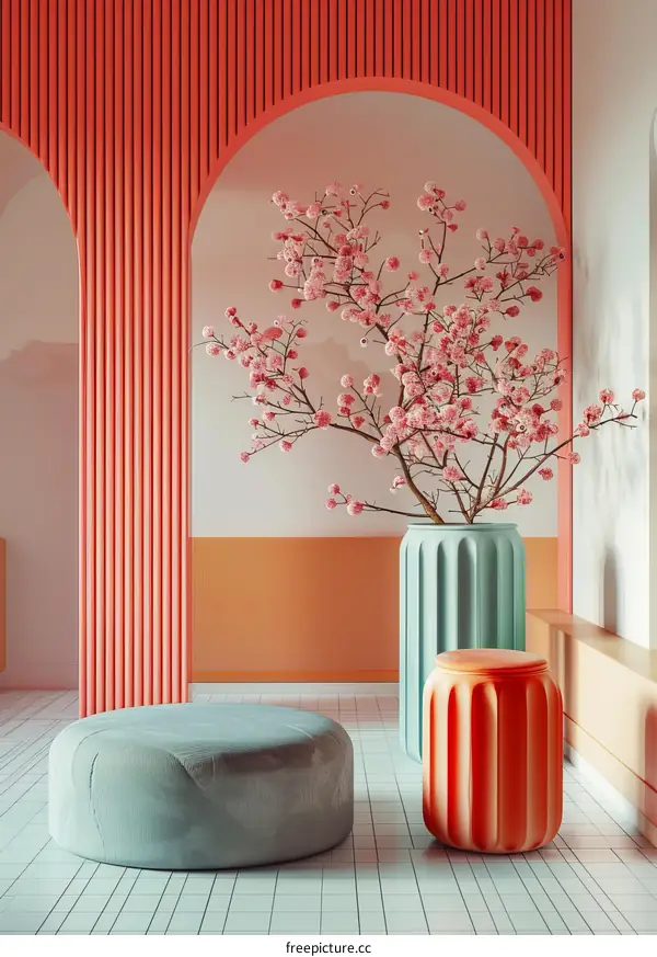 Modern Interior Design with Vibrant Colors and Cherry Blossoms