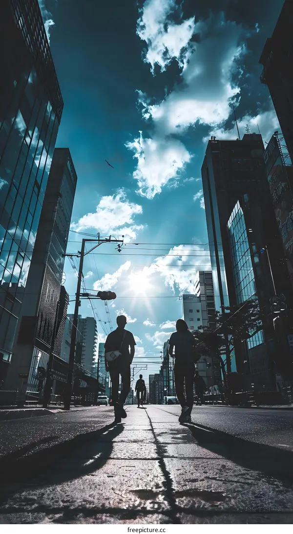 Silhouettes of People Walking on a City Street with Tall Buildings and Blue Sky