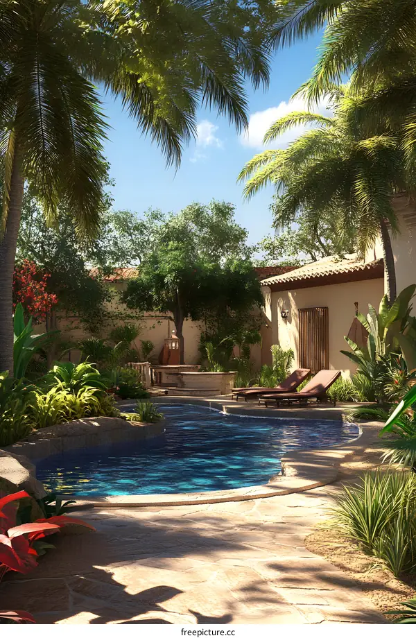 Tropical Poolside Oasis With Lush Greenery And Palm Trees