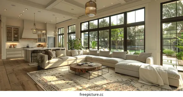 Modern interior living room design with large windows overlooking the garden
