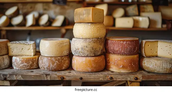 Wheels of Cheese Stacked on a Rustic Wooden Table