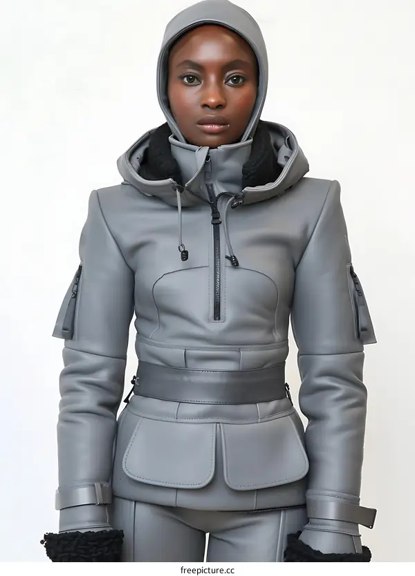 Gray Leather Jacket with Hood