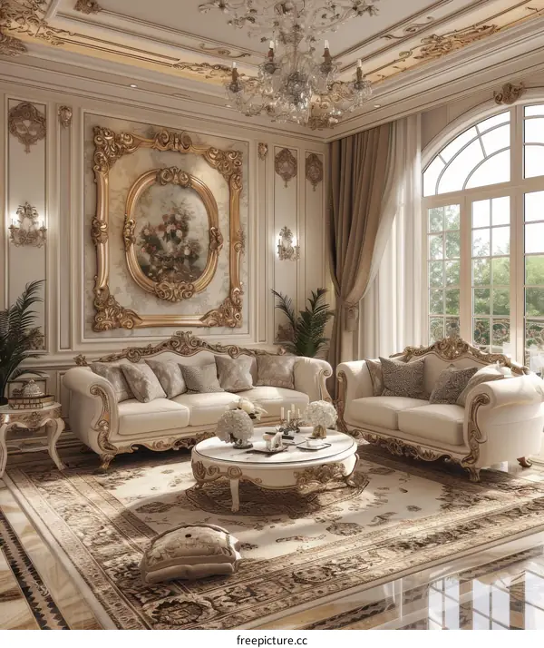 Elegant Living Room With Gold Accents And Chandelier