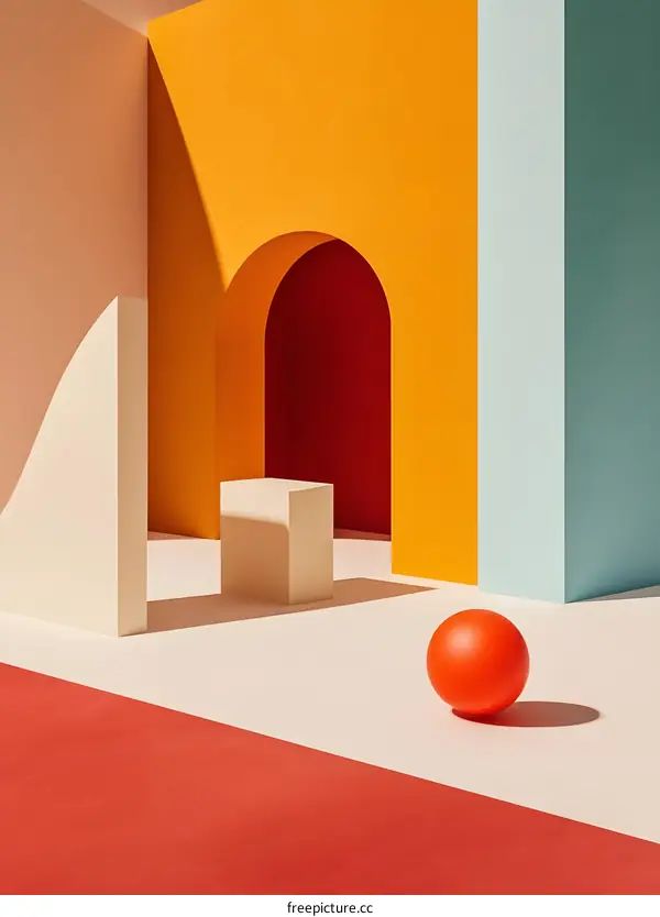 Abstract 3D Shapes Minimalist Design Orange Yellow Red Green Background