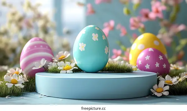 Easter Eggs Display on Pastel Blue Podium