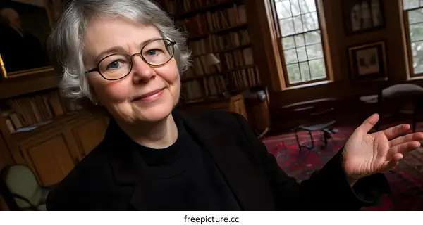 Portrait of a Senior Woman With Gray Hair Wearing Glasses in a Library Setting