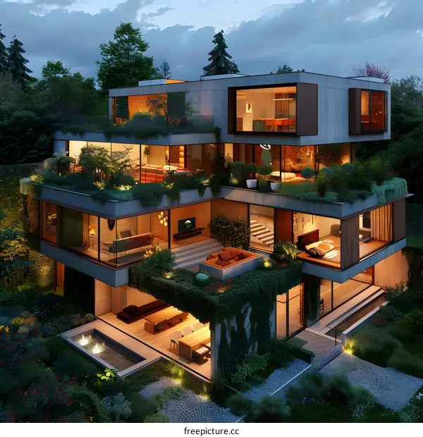 A modern house with a lot of plants and a pool