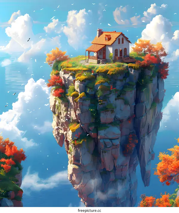 A house on a floating rock in the sky