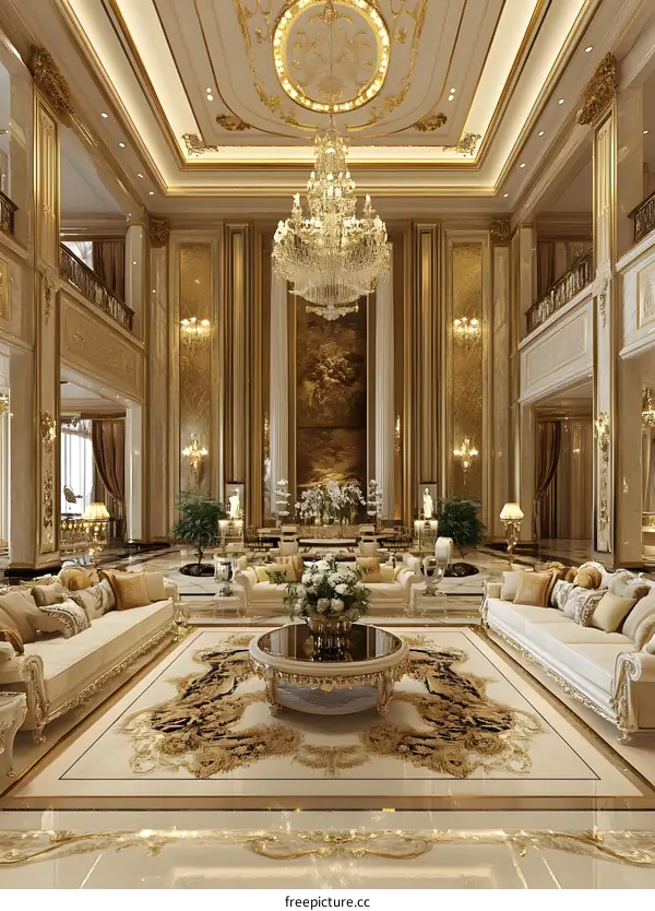 Luxury Living Room Interior Design with Gold Accents and Chandelier