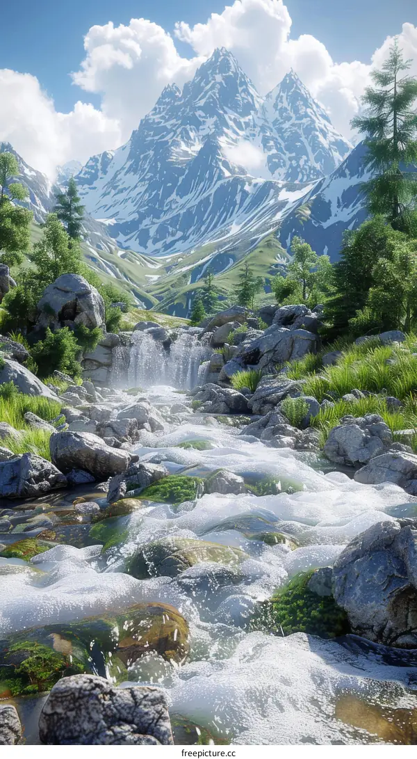Mountain River Stream Cascading Through Serene Valley