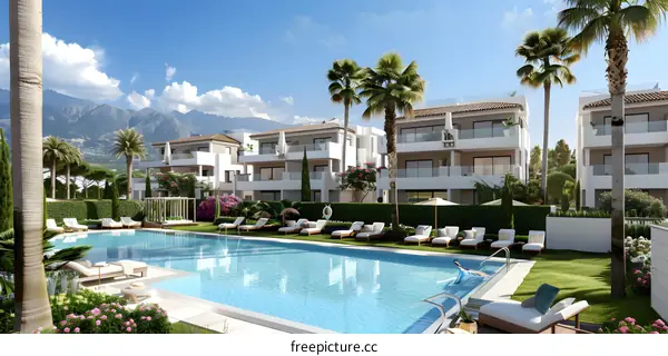 Luxury Apartment Complex with Swimming Pool and Mountain View