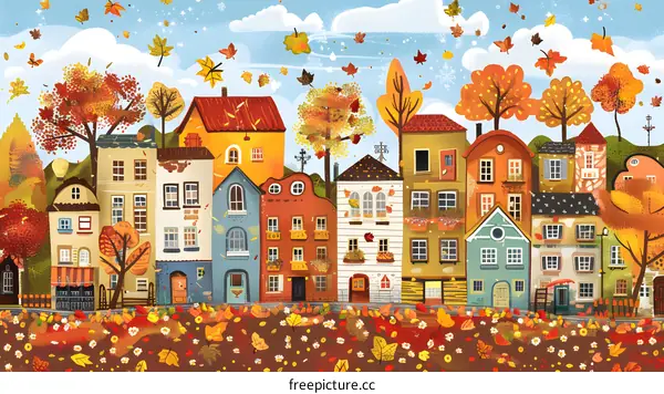 Autumn Village Street Scene with Colorful Houses and Falling Leaves