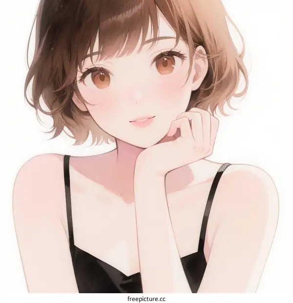 Anime Style Girl with Short Brown Hair and Hand on Chin