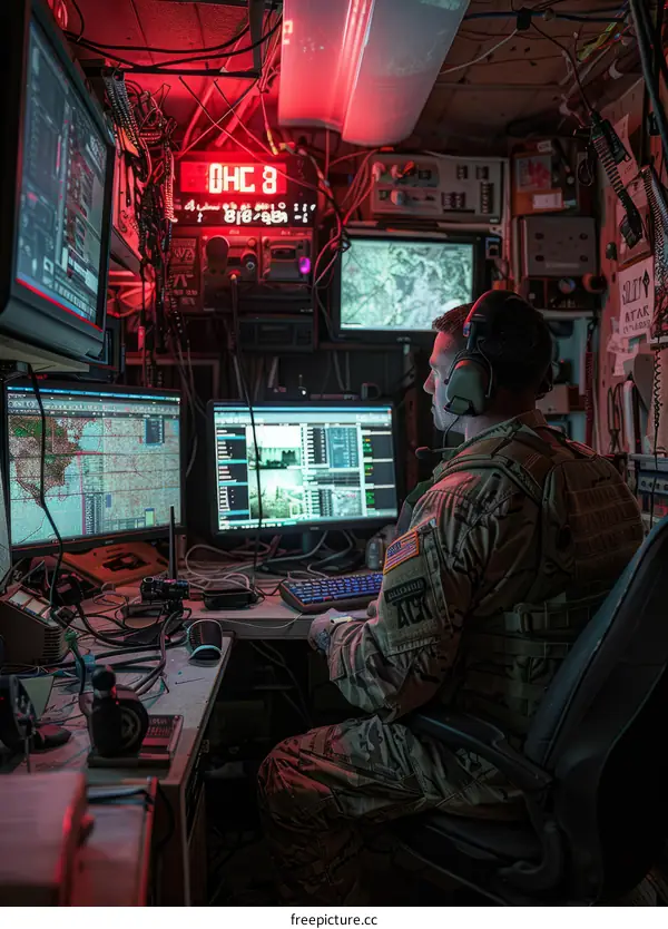 Soldier using computers and radios in a military operations center