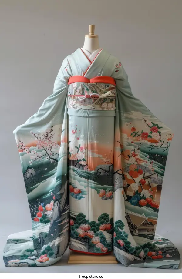 A woman wearing a kimono with a pattern of cherry blossoms and mountains