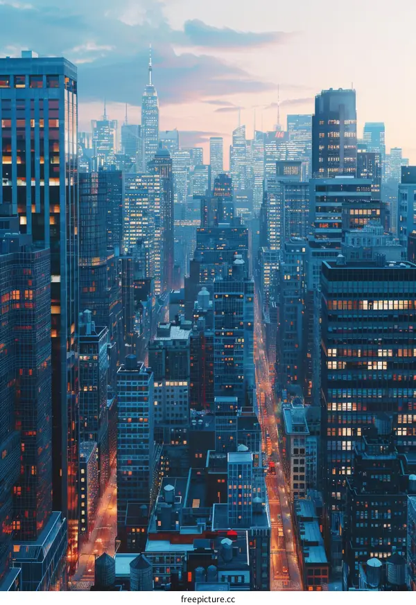Aerial View of a Vibrant City Skyline at Dusk
