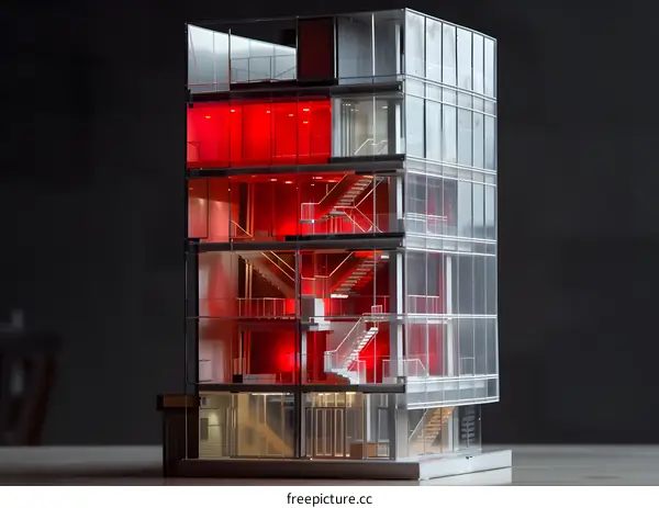 Glass Building Model with Red Interior Lighting