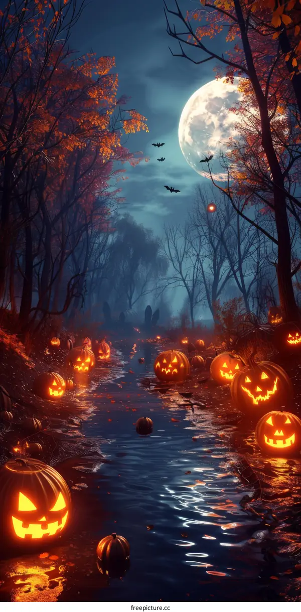 Spooky Halloween Jack-o'-Lantern in a Dark Forest