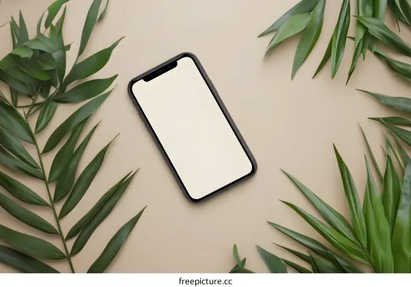 Blank Phone Screen with Green Palm Leaves