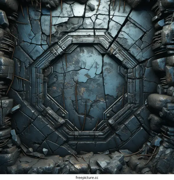 Blue cracked metal spaceship wall panel