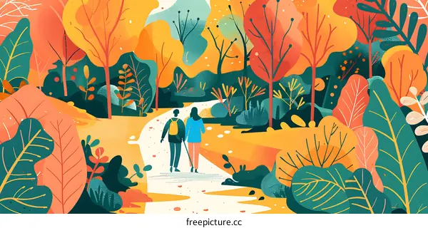 Couple Walking Through Forest Path Illustration