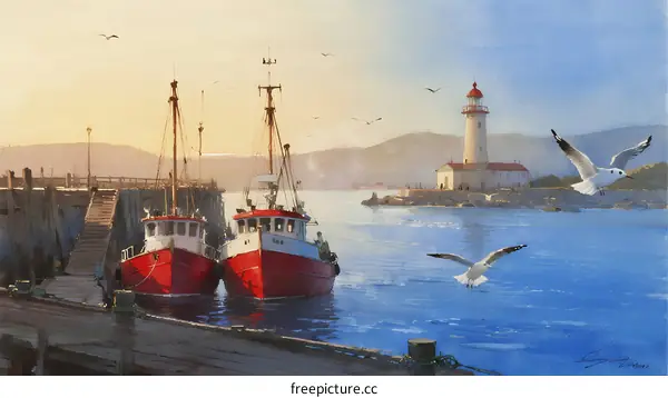 Red fishing boats docked by the lighthouse at sunrise