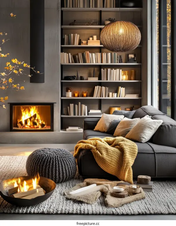 Cozy Living Room with Fireplace and Bookshelves