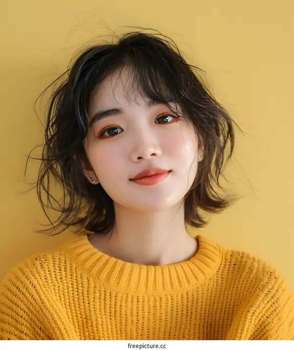 Young Asian Woman with Short Hair and Yellow Sweater Posing Against a Yellow Background