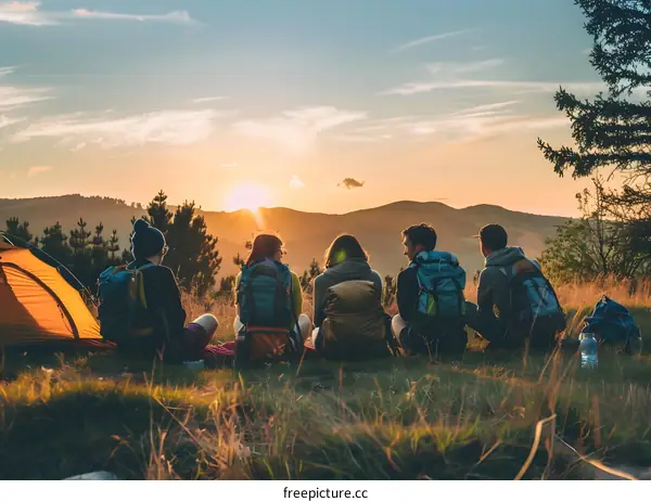 Group of friends enjoy the sunset on a mountain hike
