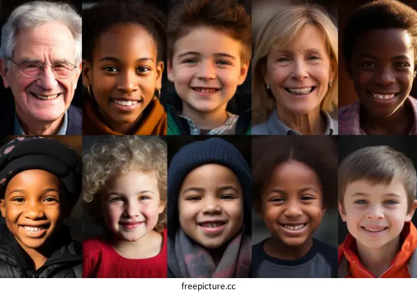 A collage of portraits of people from different ethnicities and ages.