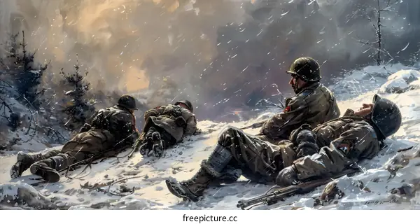 American soldiers lying in the snow during the Battle of the Bulge